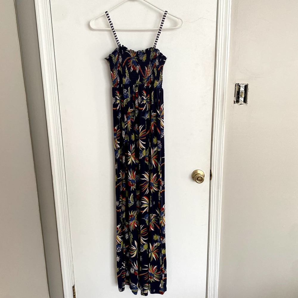 Juicy Couture Navy Blue Tropical Palm Tree Smocked Maxi Dress